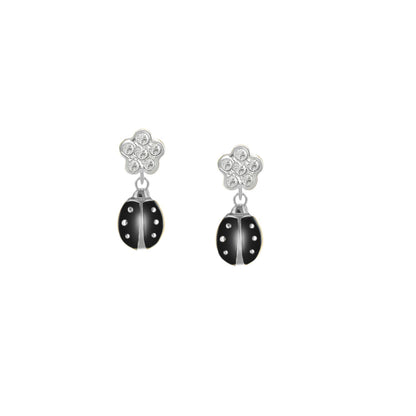 Lady Poof Earring Lauren G Adams silver floral crystal top black enamel ladybug drop pair on Tampa Home & Garden Store