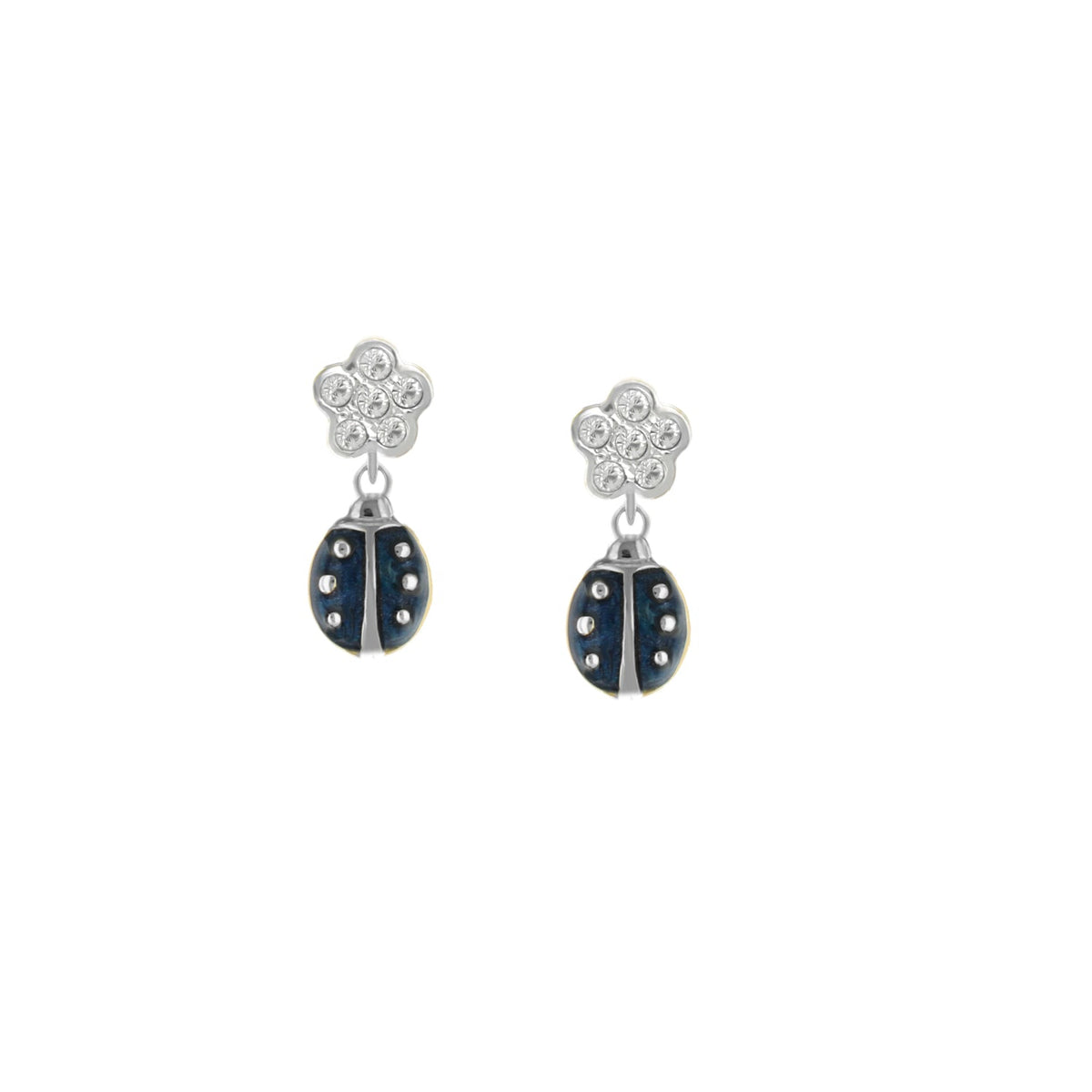 Lady Poof Earring pair by Lauren G Adams, flower cluster crystals and blue enamel ladybug on Tampa Home & Garden Store