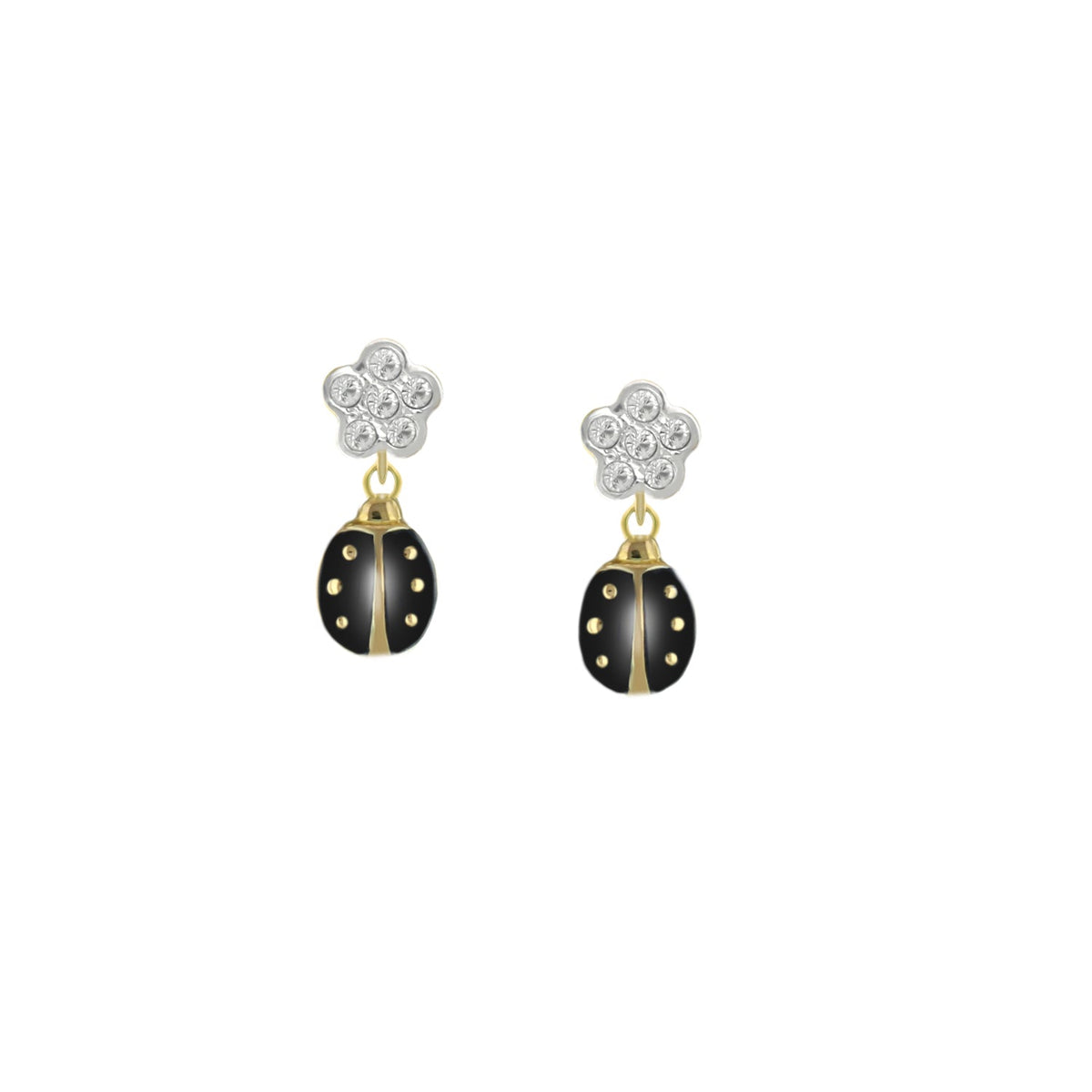Pair of Lady Poof Earrings with flower studs, gold accents, black enamel ladybug drops on Tampa Home & Garden Store