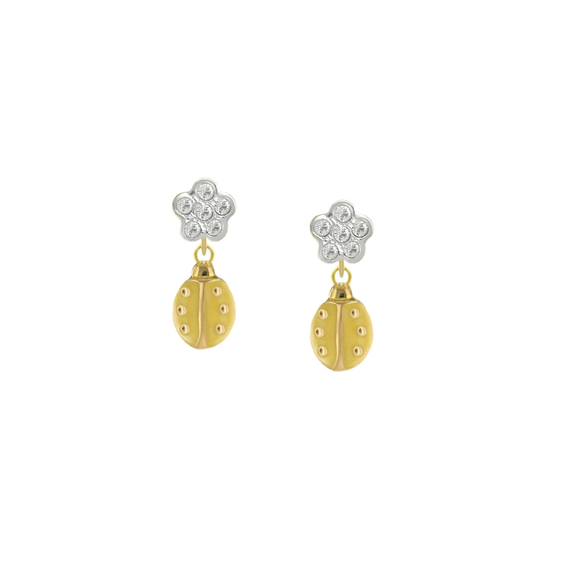 Lady Poof Earring pair: silver flower crystal stud, gold ladybug drop by Lauren G Adams on Tampa Home & Garden Store