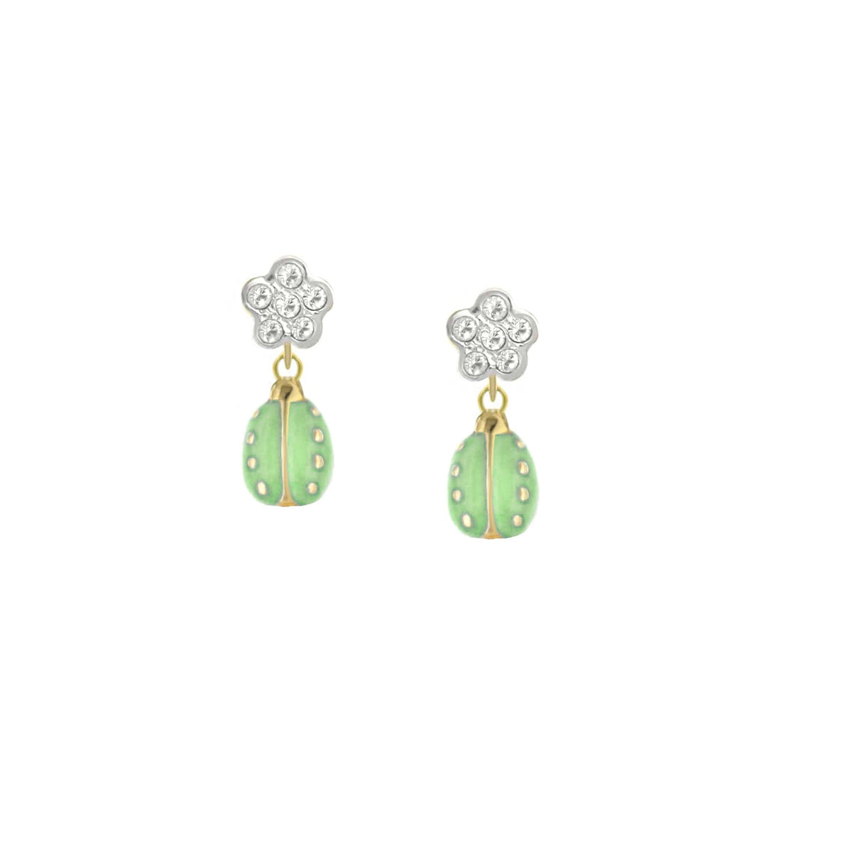 Lady Poof Earring pair: flower crystal stud with lime green drop pendant, gold accents on Tampa Home & Garden Store