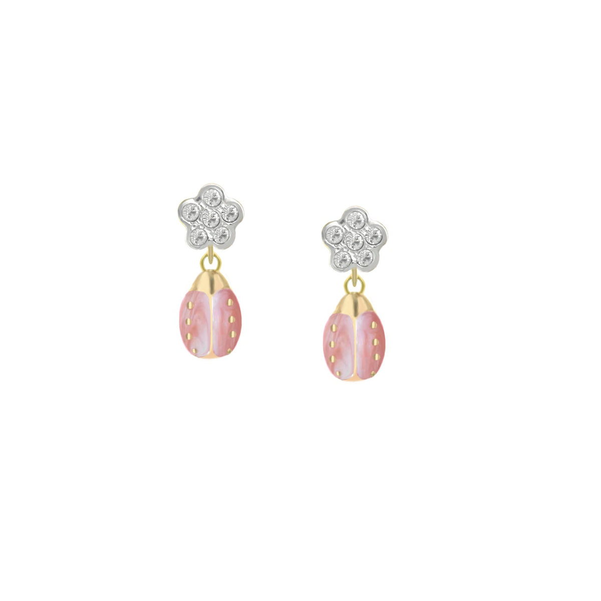 Lady Poof Earring silver flower stud with clear crystals, gold-tone pink enamel ladybug drop on Tampa Home & Garden Store