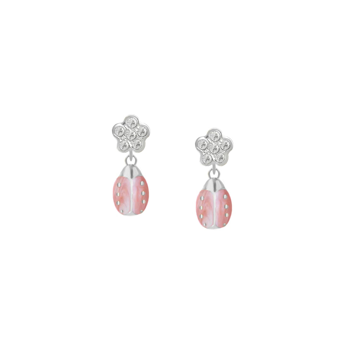 Lady Poof Earring pair: flower crystal cluster stud with pink enamel ladybug drops on Tampa Home & Garden Store