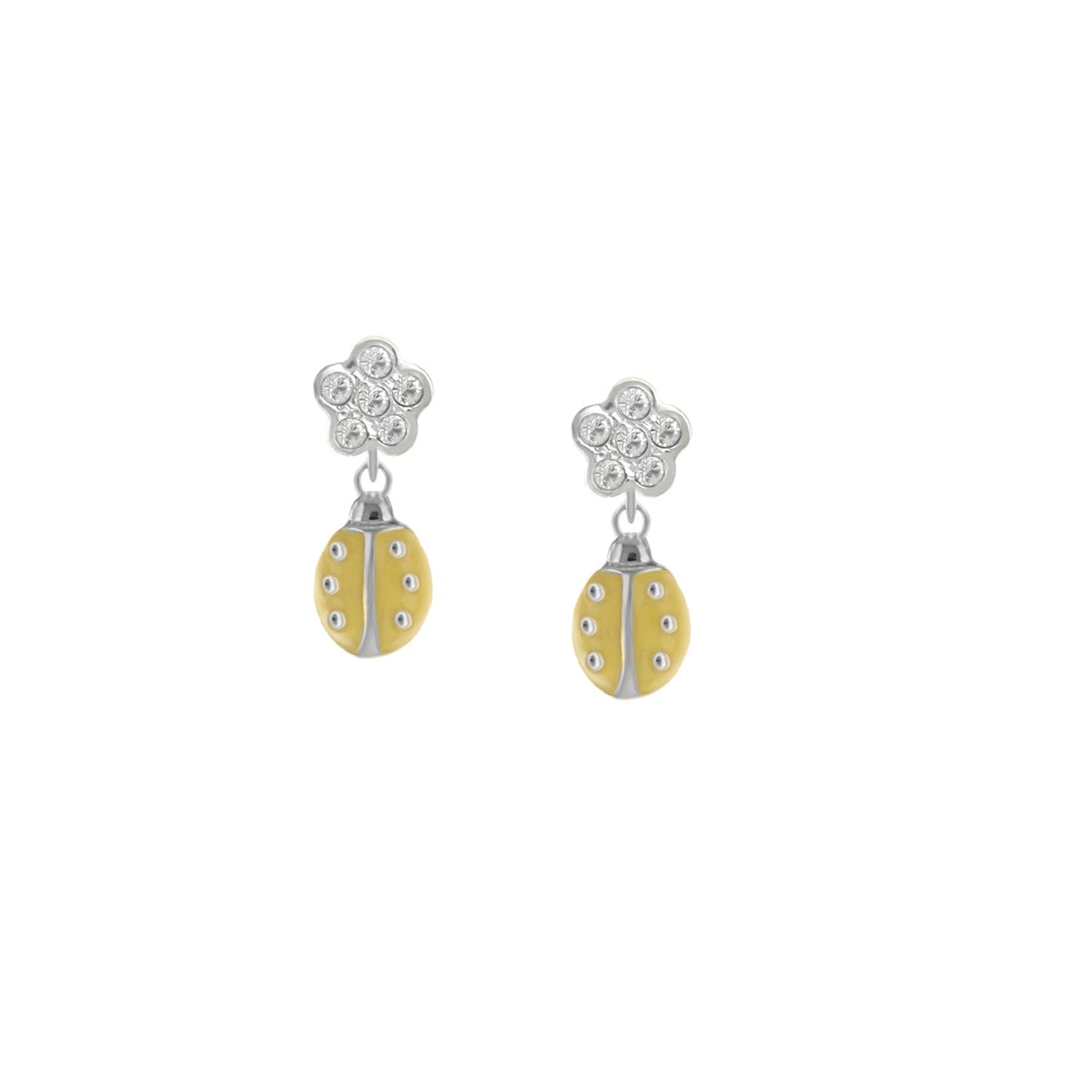 Lady Poof Earring pair, Lauren G Adams crystal flower top with yellow ladybug drop on Tampa Home & Garden Store