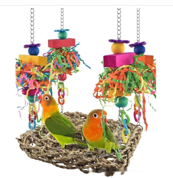 Parrot climbing net hammock with vibrant ribbons and perches for medium and large birds on Tampa Home & Garden Store