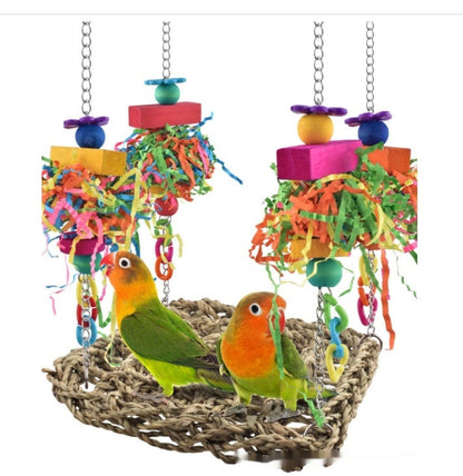 Parrot climbing net hammock with vibrant ribbons and perches for medium and large birds on Tampa Home & Garden Store