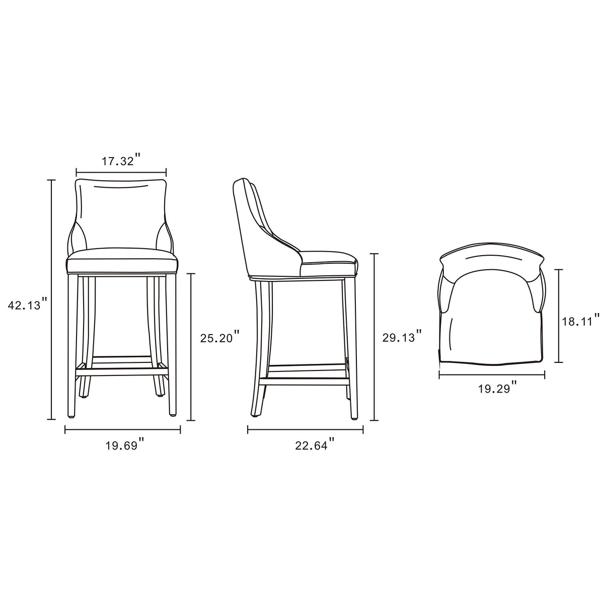 Shubert Barstool by HouseOfZazla, bar-height 28–30in, 3 barstools shown in line drawing on Tampa Home & Garden Store