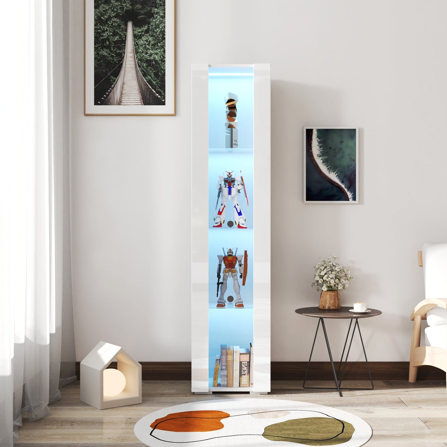 Side cabinet with aluminum strip lamp, blue-lit panel with robot figures, HouseOfZazla cabinet on Tampa Home & Garden Store