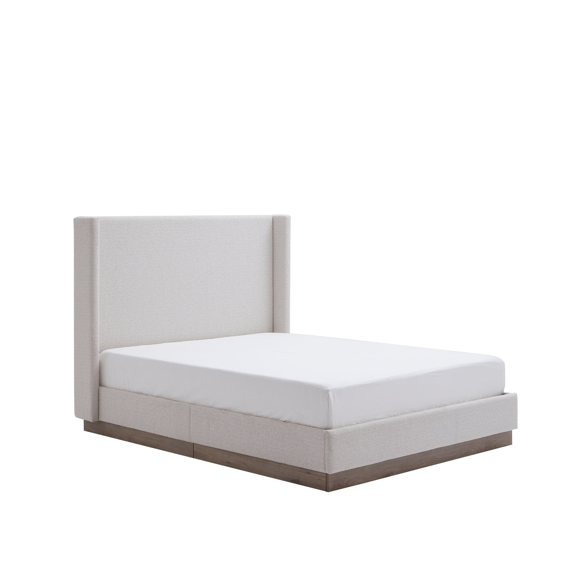 Hosford minimalist upholstered wingback bed with light beige fabric and wood base platform on Tampa Home & Garden Store
