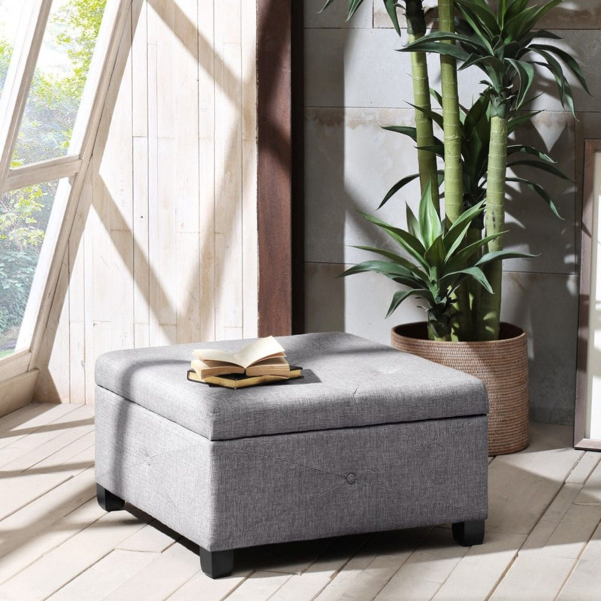 Aspen Ottoman Storage with soft-close lid, upholstered grey fabric and dark legs on Tampa Home & Garden Store