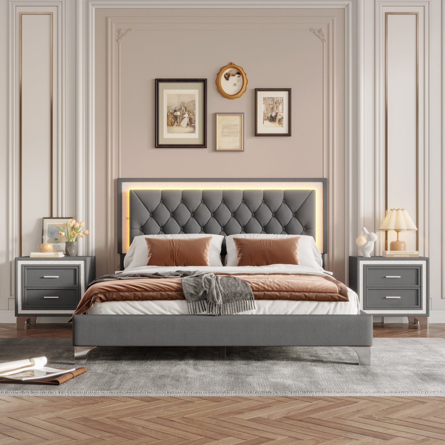 3-Pieces Bedroom Set Queen Upholstered Platform Bed with LED Lights & Two Nightstands Gray on Tampa Home & Garden Store