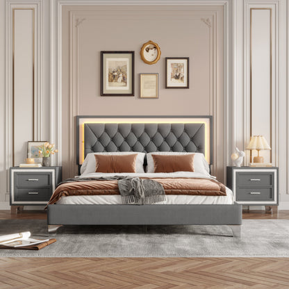3-Pieces Bedroom Set Queen Upholstered Platform Bed with LED Lights & Two Nightstands Gray on Tampa Home & Garden Store