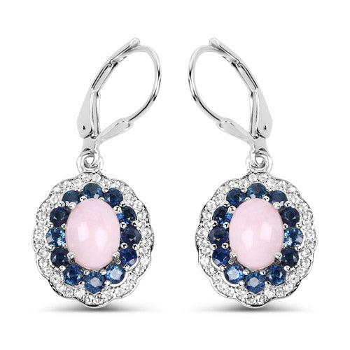 Sterling silver leverback earrings with pink opal center, blue sapphire halo & white topaz pavé on Tampa Home & Garden Store