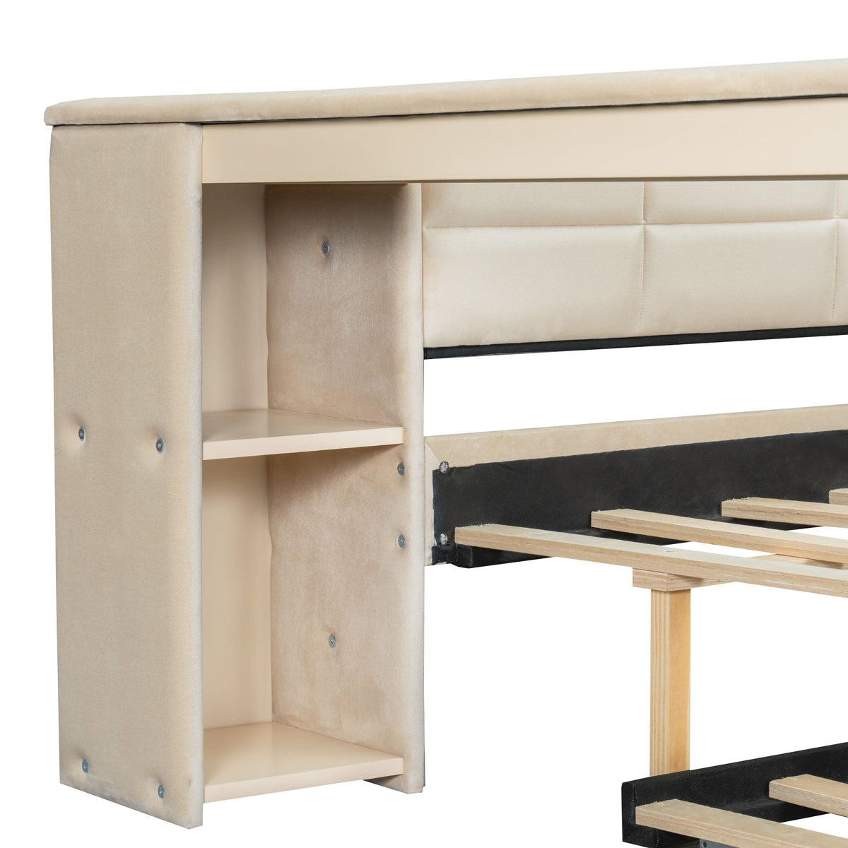 Beige upholstered platform bed with built-in storage shelves and pull-out trundle on Tampa Home & Garden Store