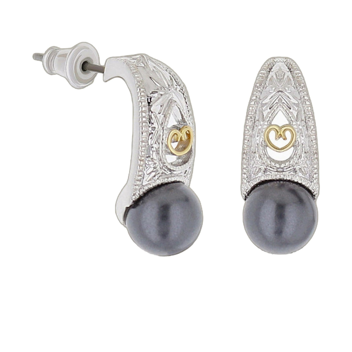 Vintage earrings by Lauren G Adams, silver-tone with gray pearl drops and gold heart detail, pair on Tampa Home & Garden Store