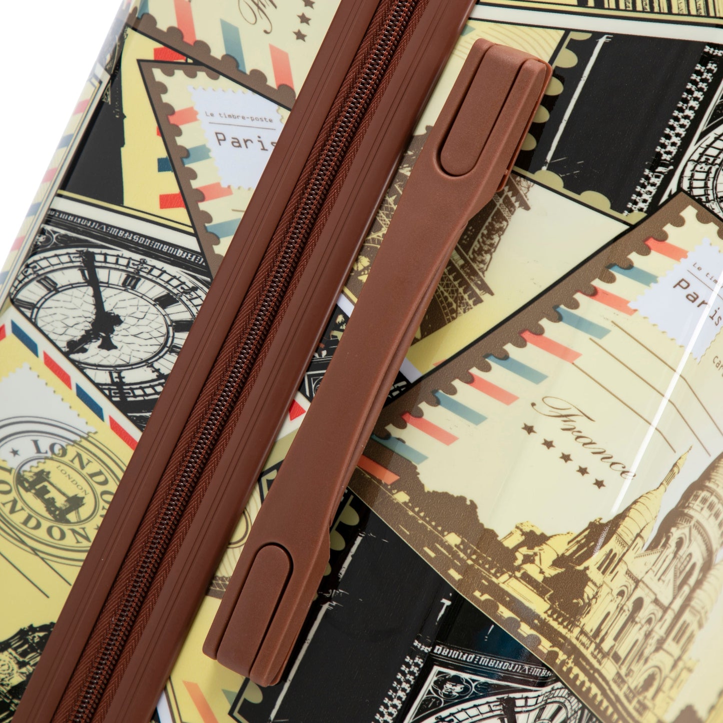 3-Piece HouseOfZazla Spinner Wheel Luggage Set with printed travel stamps pattern, brown trim on Tampa Home & Garden Store