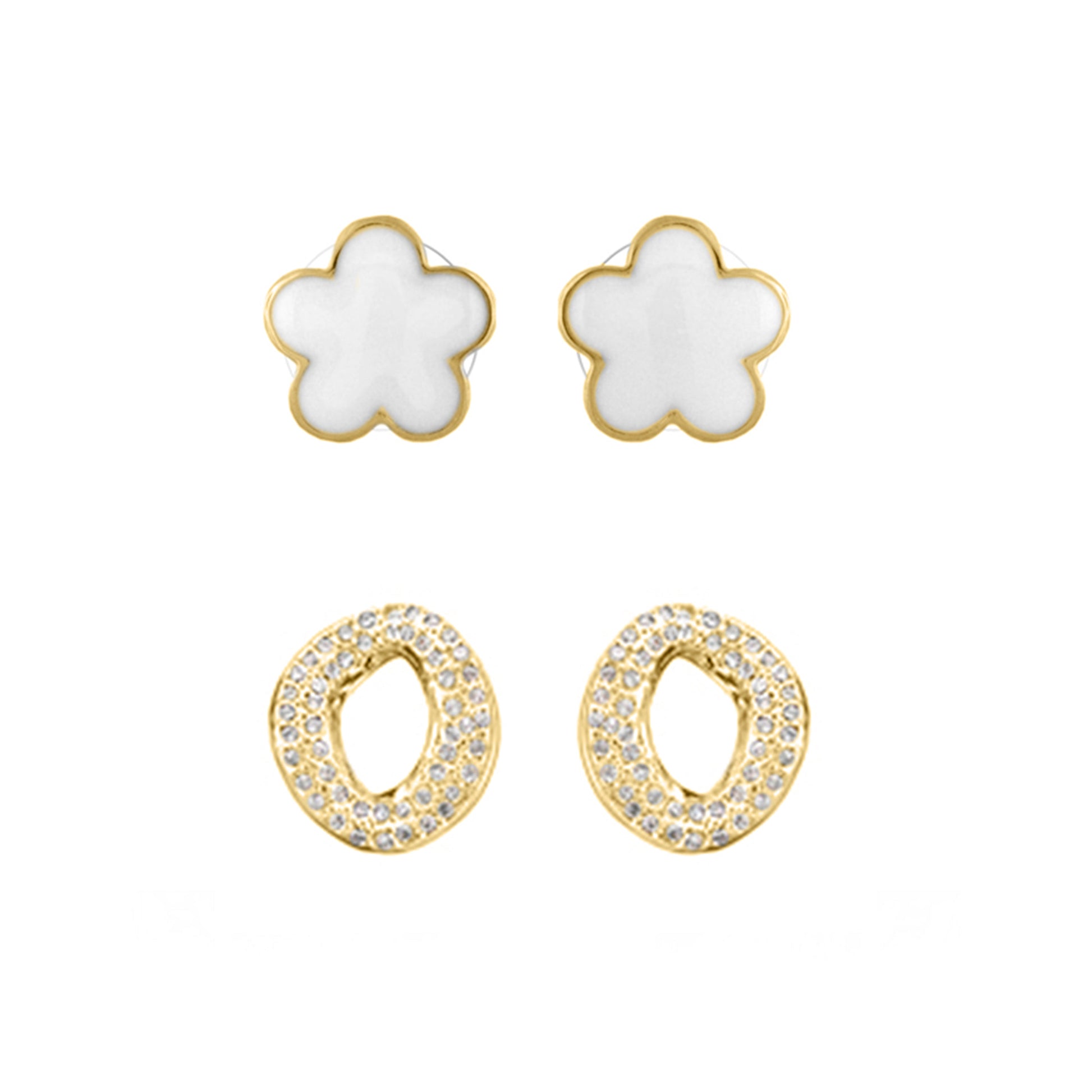 Enamel Flower Earrings Set: 2 white enamel studs with gold trim and 2 gold-tone rhinestone hoops on Tampa Home & Garden Store