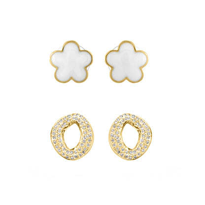 Enamel Flower Earrings Set: 2 white enamel studs with gold trim and 2 gold-tone rhinestone hoops on Tampa Home & Garden Store