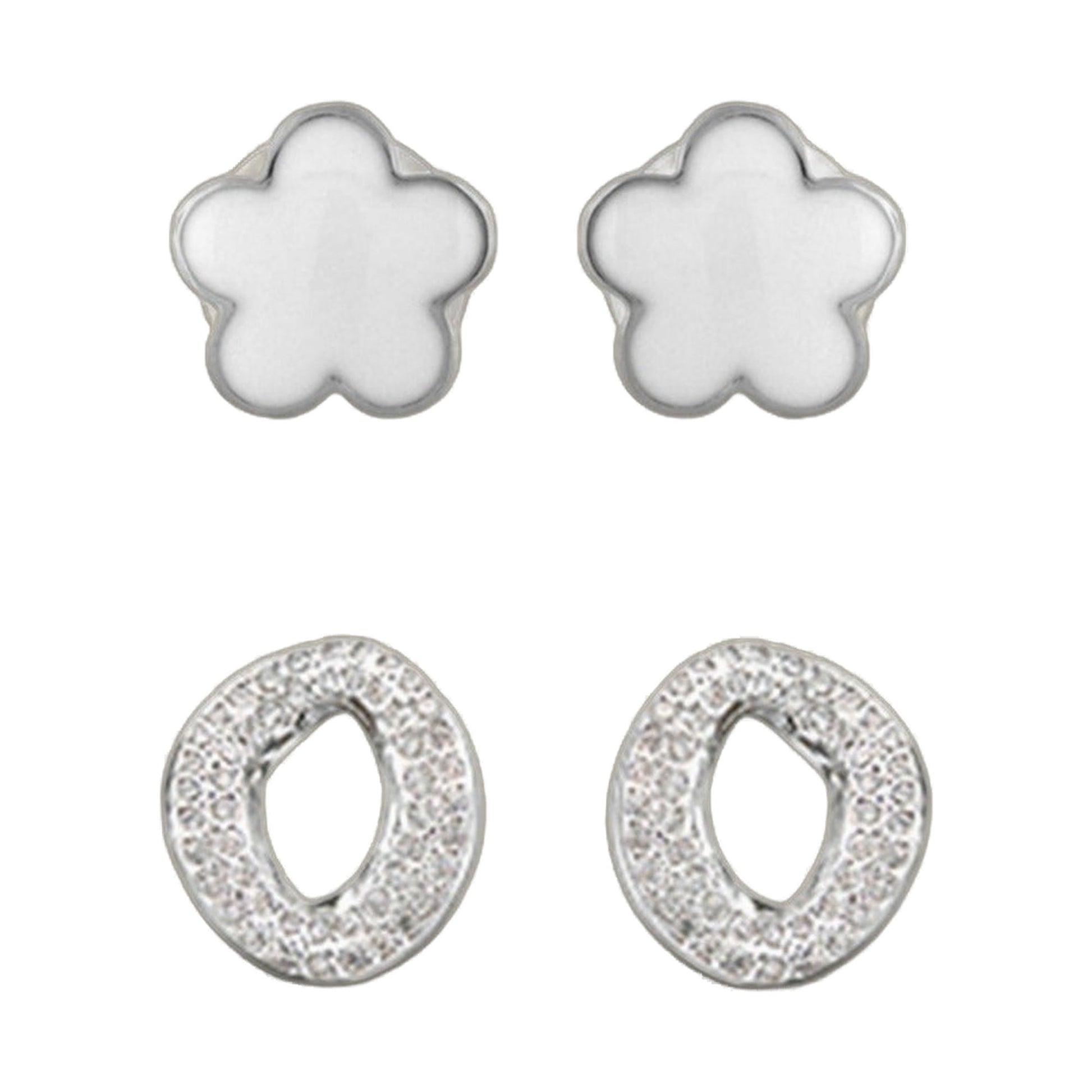 Enamel flower stud earrings and pavé hoop earrings in silver by Lauren G Adams on Tampa Home & Garden Store