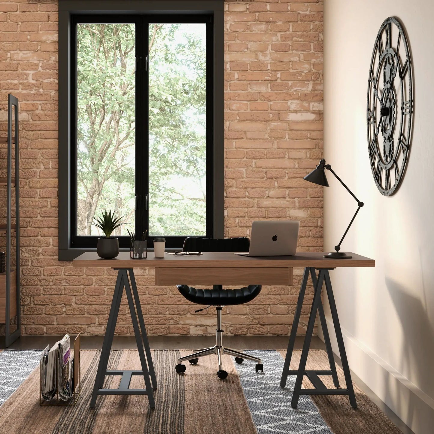 Handcrafted sawhorse desk with solid wood top and black metal legs, laptop on desk on Tampa Home & Garden Store