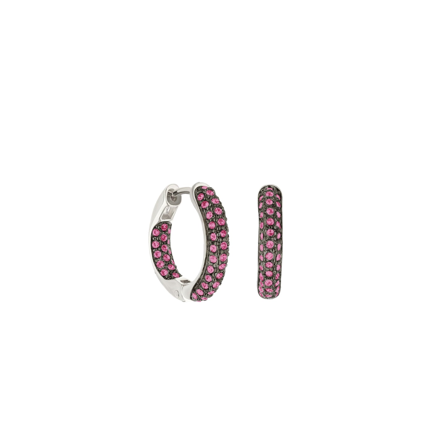 Pave Hoop Earrings — Domed Huggie, silver-tone hoops with pink pavé stones, 2-piece set on Tampa Home & Garden Store