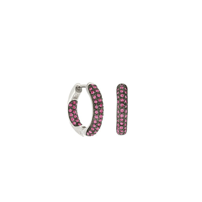 Pave Hoop Earrings — Domed Huggie, silver-tone hoops with pink pavé stones, 2-piece set on Tampa Home & Garden Store