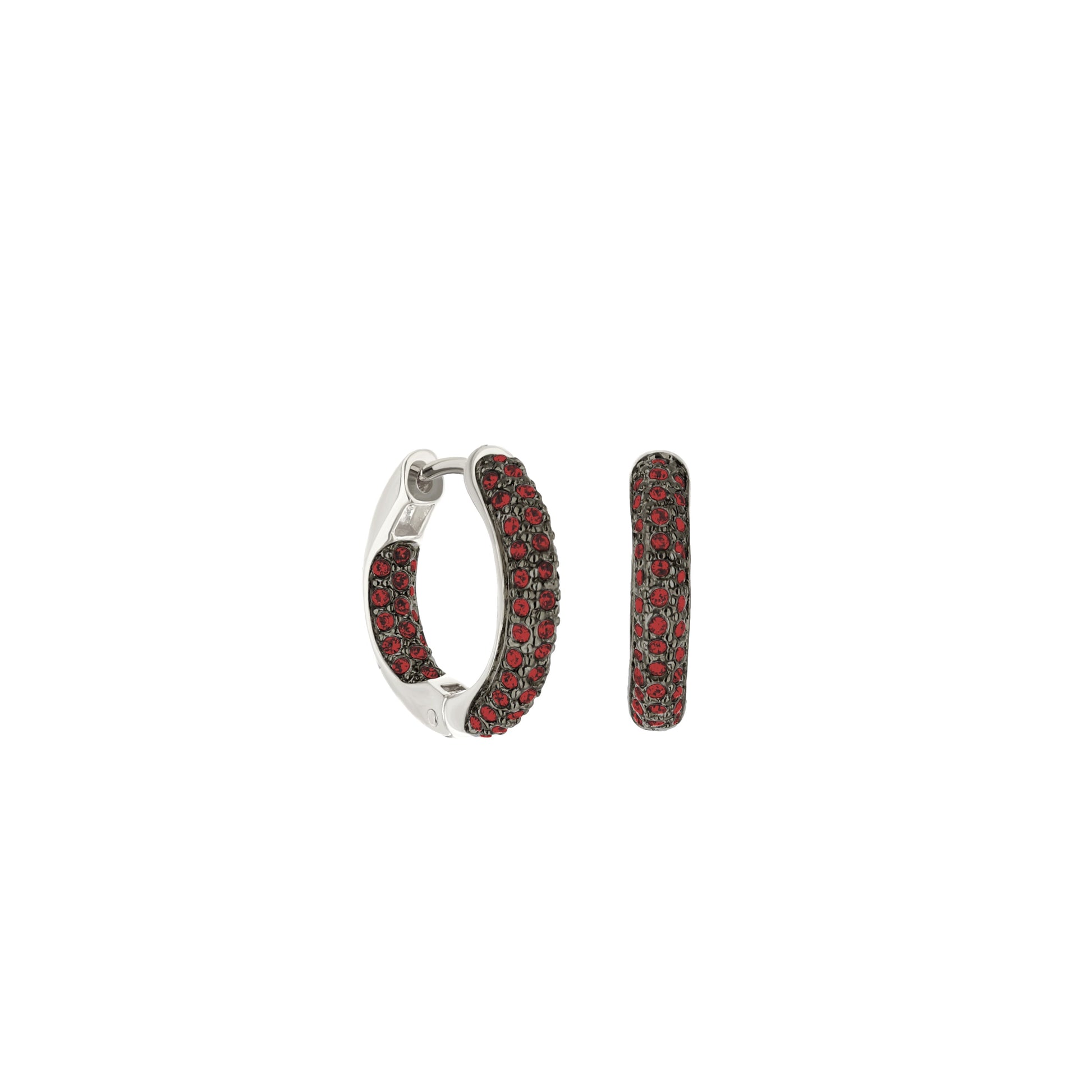 Lauren G Adams Pave Hoop Earrings Domed Huggie, silver metal with red pave stones pair on Tampa Home & Garden Store