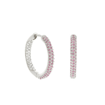 Pave Hoop Earrings Domed Huggie in silver with pink and clear pave crystals on Tampa Home & Garden Store