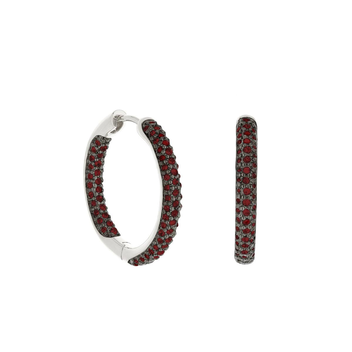 Pave Hoop Earrings - Domed Huggie, red pavé stones on silver-tone metal, Lauren G Adams on Tampa Home & Garden Store