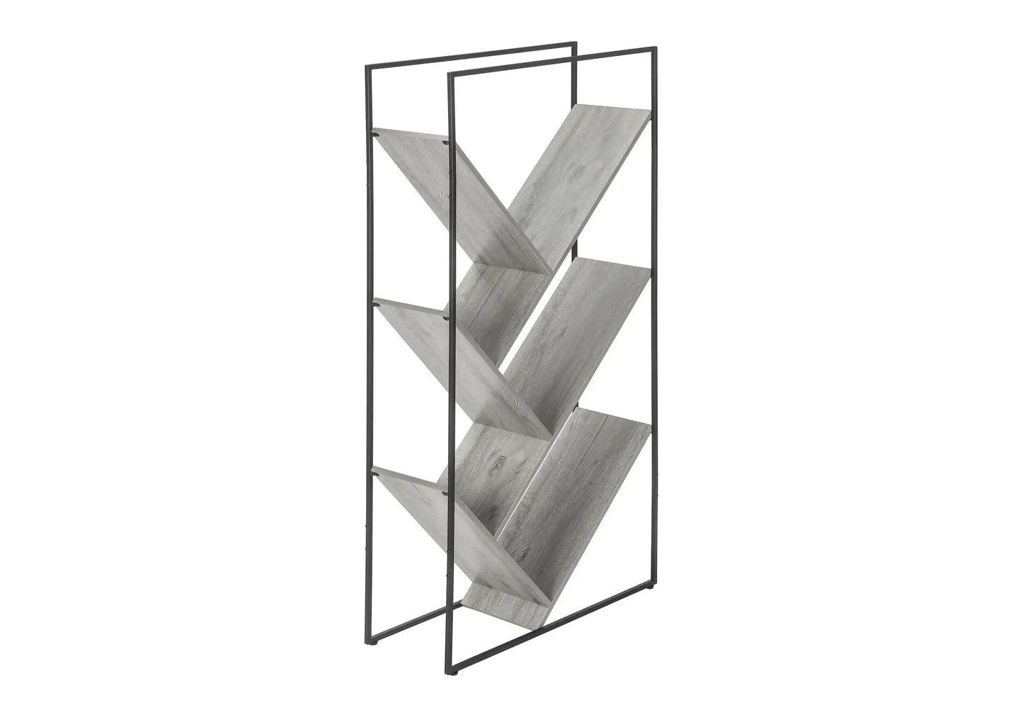 Black metal framed 3-tier etagere with slanted gray wood shelves on Tampa Home & Garden Store