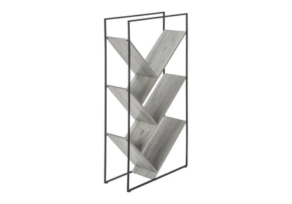 Black metal framed 3-tier etagere with slanted gray wood shelves on Tampa Home & Garden Store