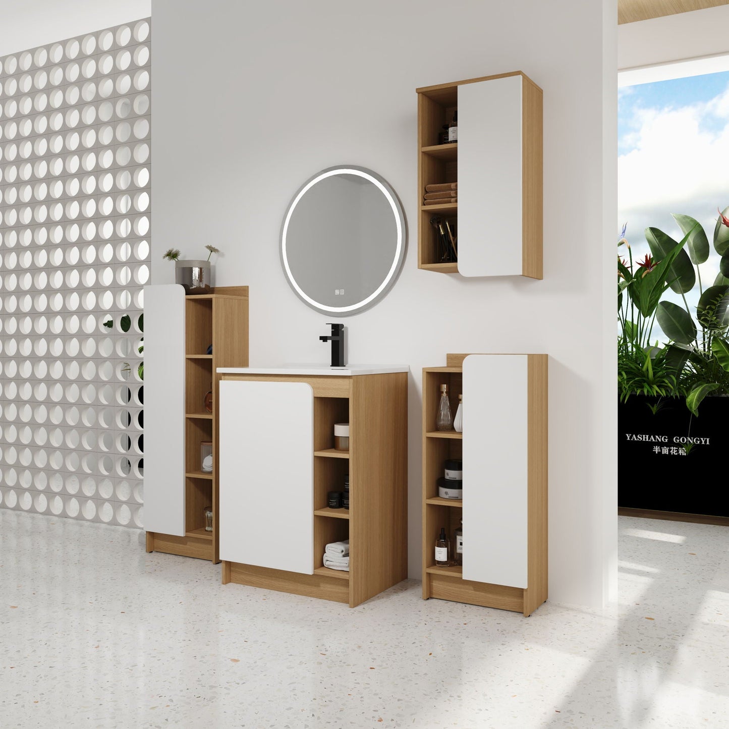 4 piece bathroom vanity set with sink, white and light oak cabinets, round backlit mirror on Tampa Home & Garden Store