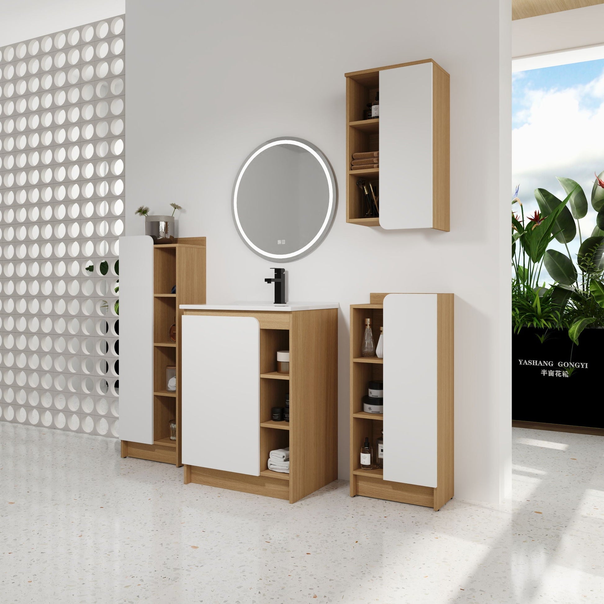 4 piece bathroom vanity set with sink, white and light oak cabinets, round backlit mirror on Tampa Home & Garden Store