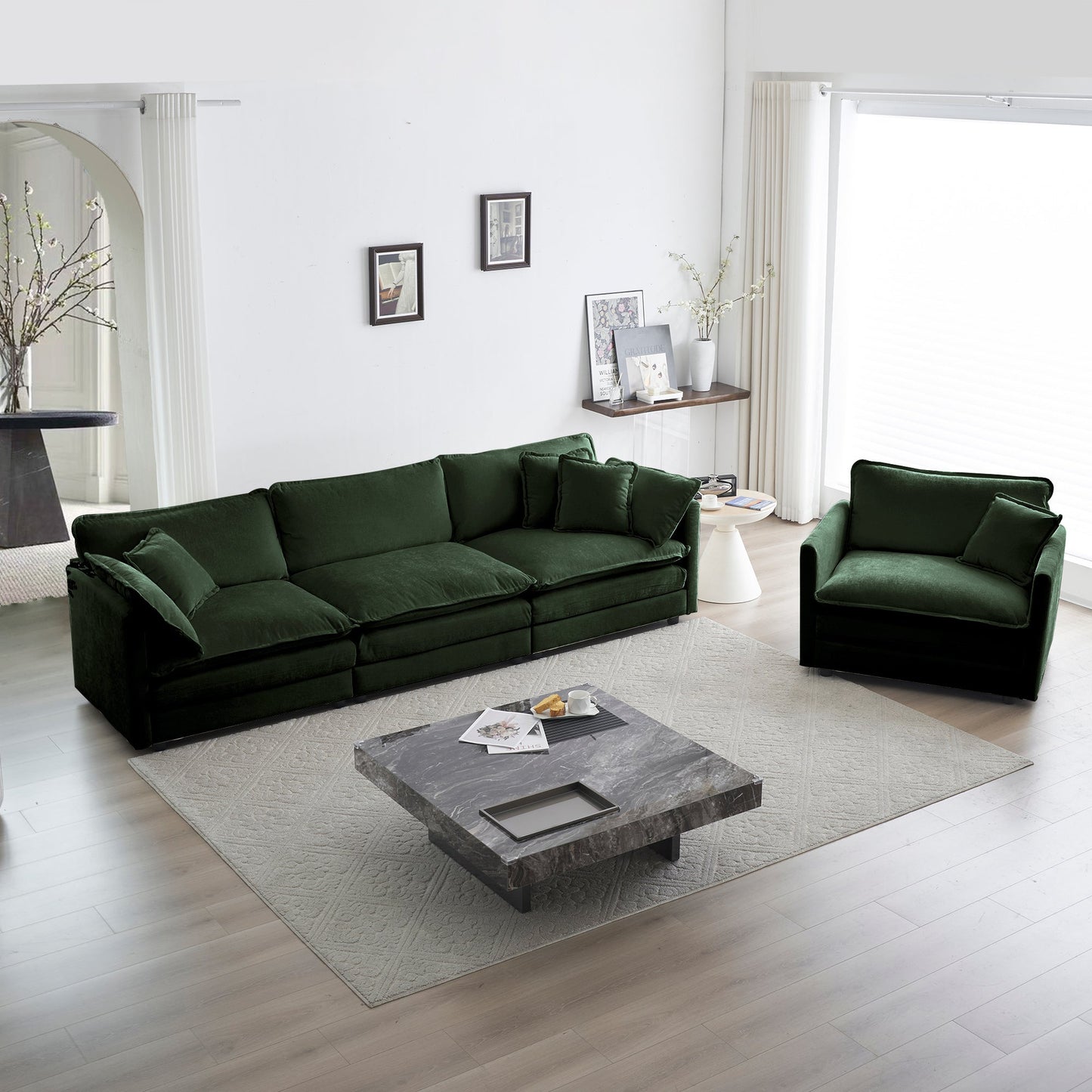 2-Piece Upholstered Sectional Sofa Set in Green Chenille with green cushions in a living room on Tampa Home & Garden Store