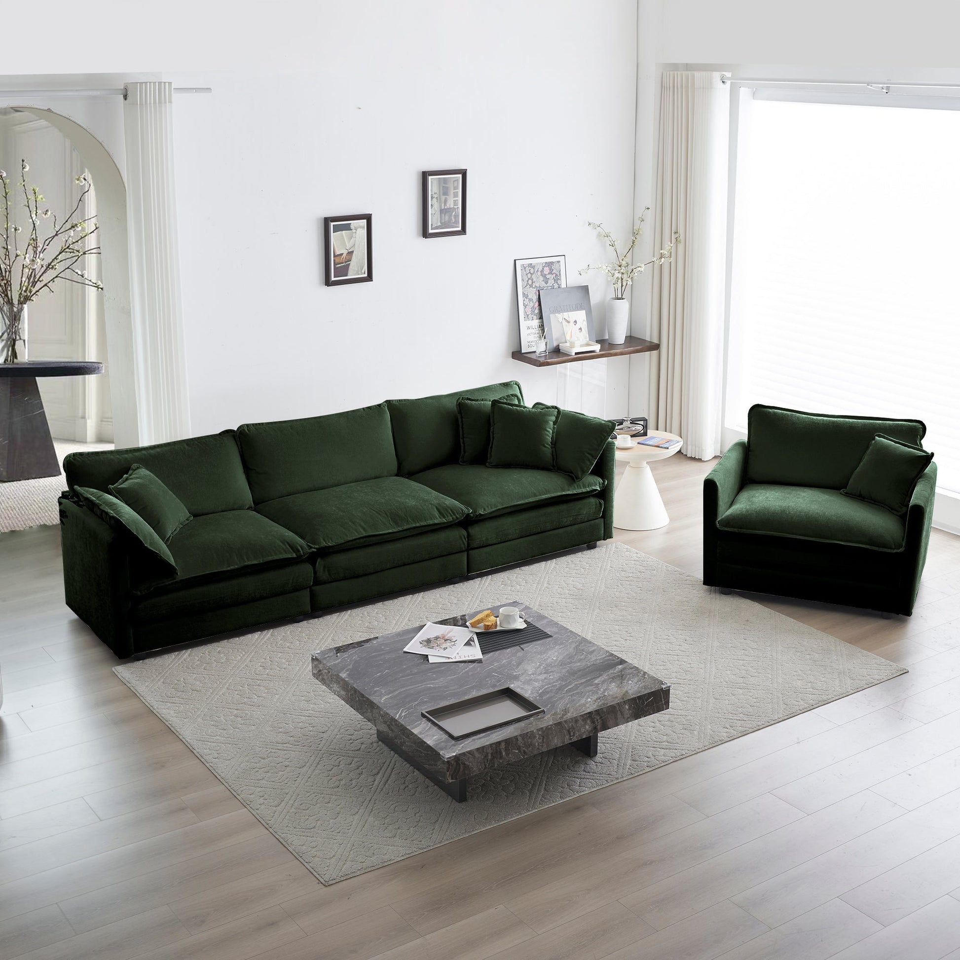 2-Piece Upholstered Sectional Sofa Set in Green Chenille with green cushions in a living room on Tampa Home & Garden Store