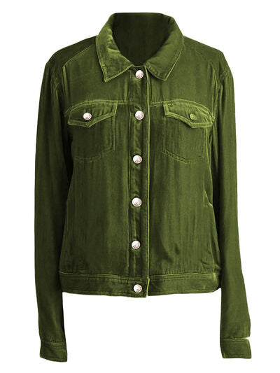 Casual button-up trucker jacket with chest pockets, green Stevvex, relaxed fit on Tampa Home & Garden Store
