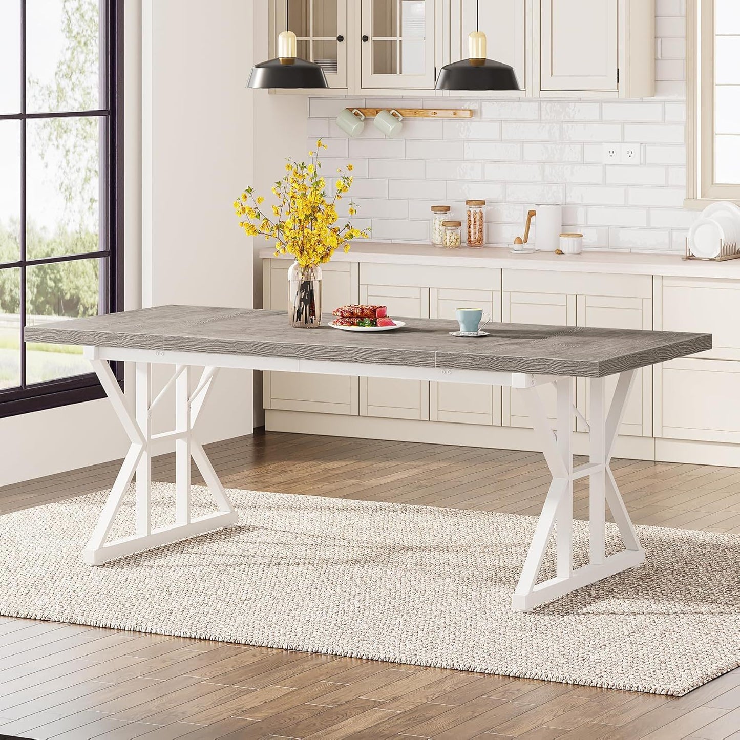 Rectangular Dining Table With X Trestle Metal Legs gray woodgrain top HouseOfZazla on Tampa Home & Garden Store