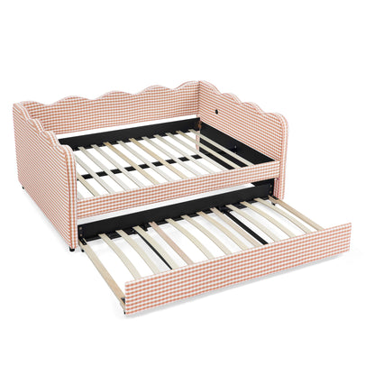 Full Size Cozy Gingham Daybed with Twin Trundle, peach gingham upholstery and black frame on Tampa Home & Garden Store