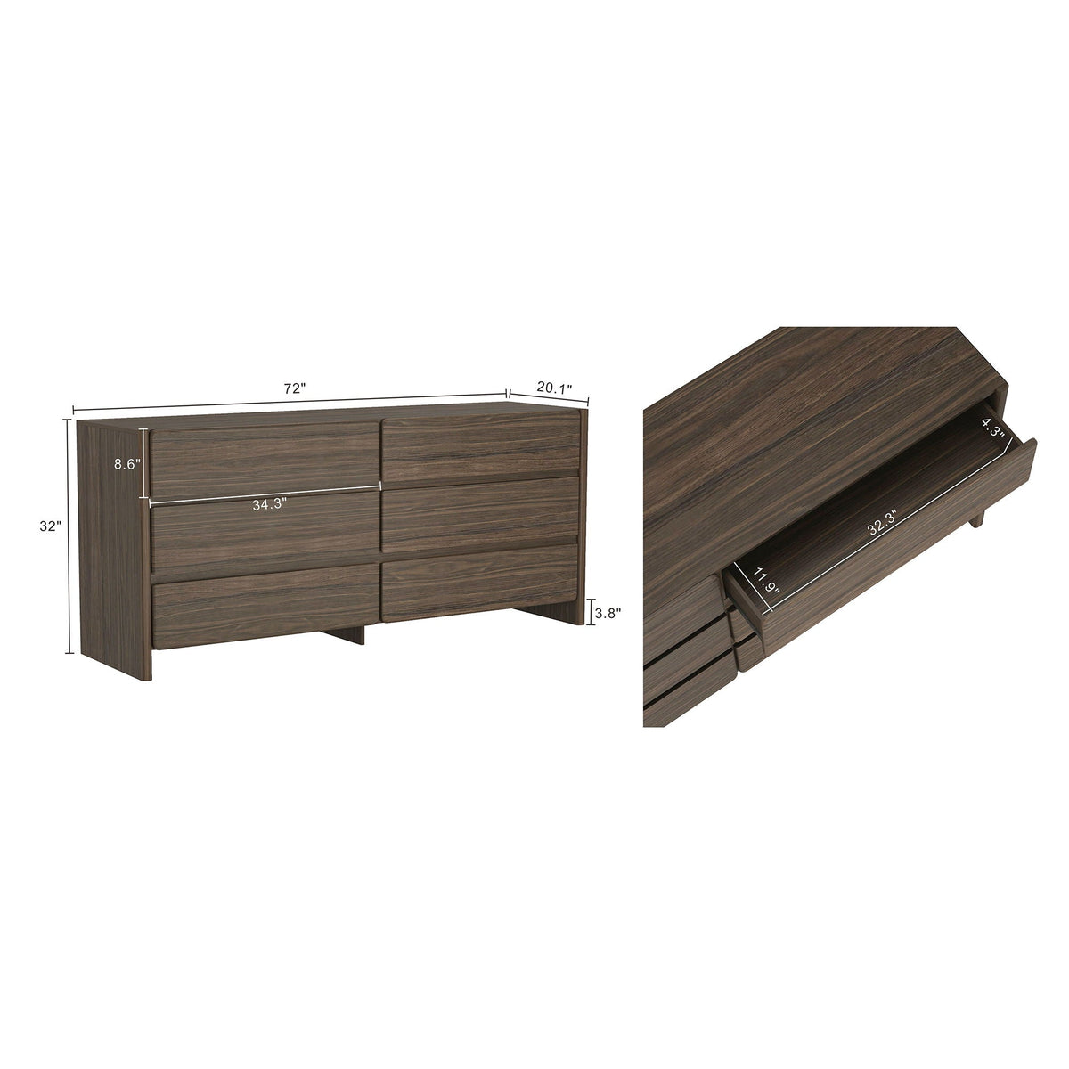 Double Wide Dresser with 6 drawers in dark walnut finish by HouseOfZazla, modern minimalist on Tampa Home & Garden Store