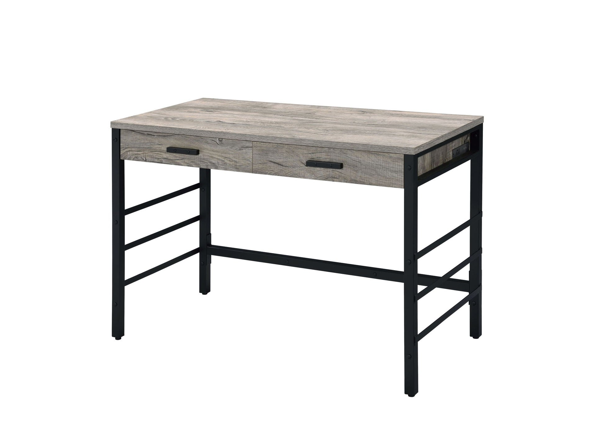 Disho Weathered Writing Desk with USB - Oak, 2 front drawers, black metal legs on Tampa Home & Garden Store