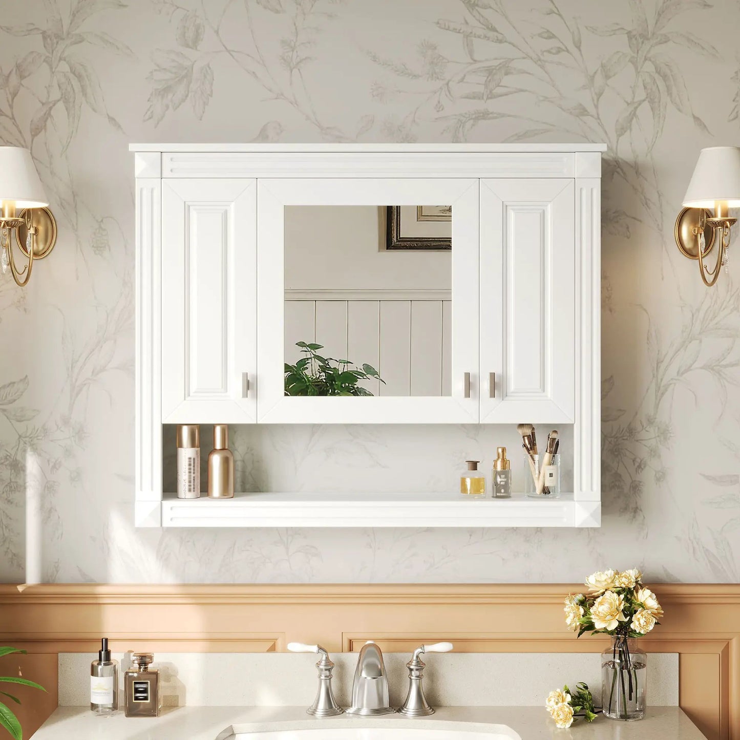 Wall Mounted Cabinet with Mirror and Open Shelf
