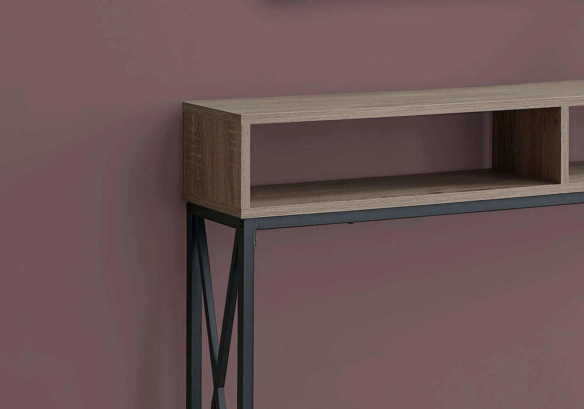 Accent console table in light oak finish with black metal legs and open lower shelf on Tampa Home & Garden Store