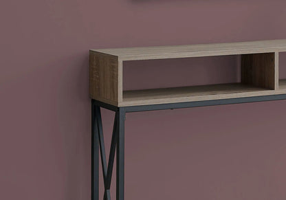 Accent console table in light oak finish with black metal legs and open lower shelf on Tampa Home & Garden Store