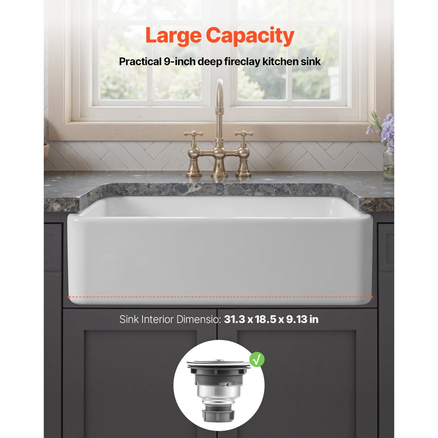 Single Bowl Undermount Kitchen Fireclay Sink