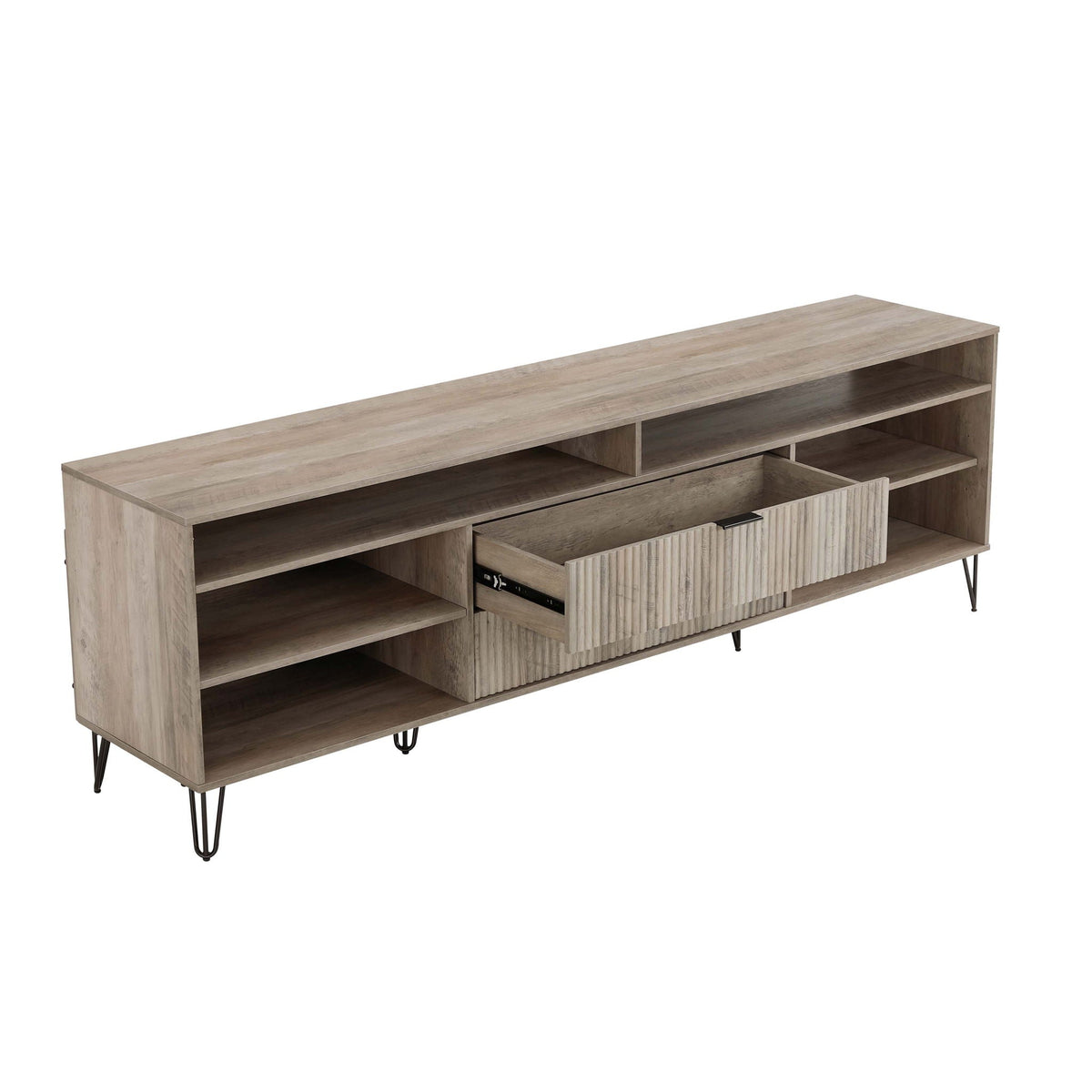 Fluted TV stand with storage and metal legs by HouseOfZazla in weathered wood finish on Tampa Home & Garden Store