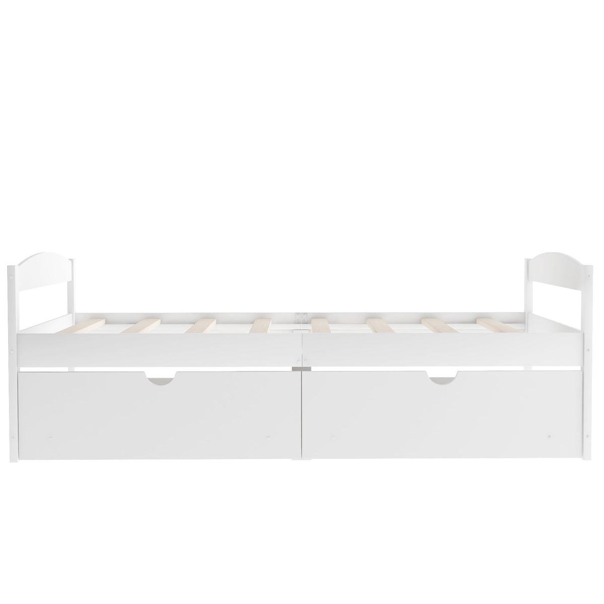 White platform bed with two built-in drawers, exposed slats and minimalist storage design on Tampa Home & Garden Store