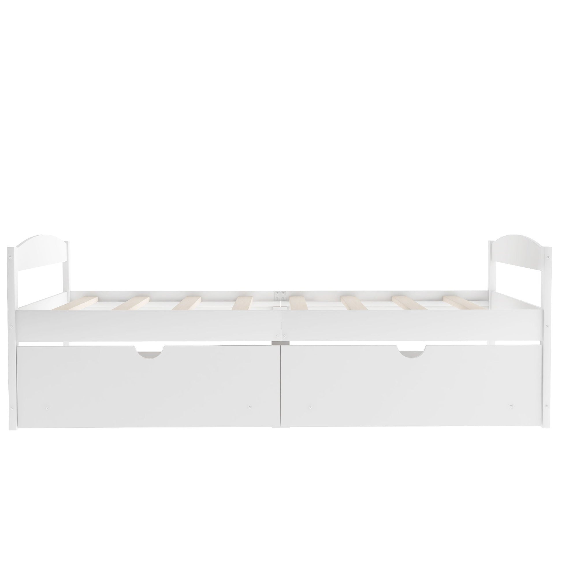 White platform bed with two built-in drawers, exposed slats and minimalist storage design on Tampa Home & Garden Store