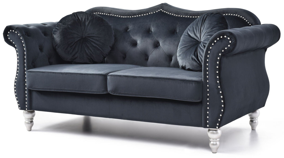 Stylish Flared Arm Loveseat in navy velvet with nailhead trim and bolster pillows HouseOfZazla on Tampa Home & Garden Store
