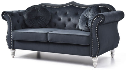 Stylish Flared Arm Loveseat in navy velvet with nailhead trim and bolster pillows HouseOfZazla on Tampa Home & Garden Store
