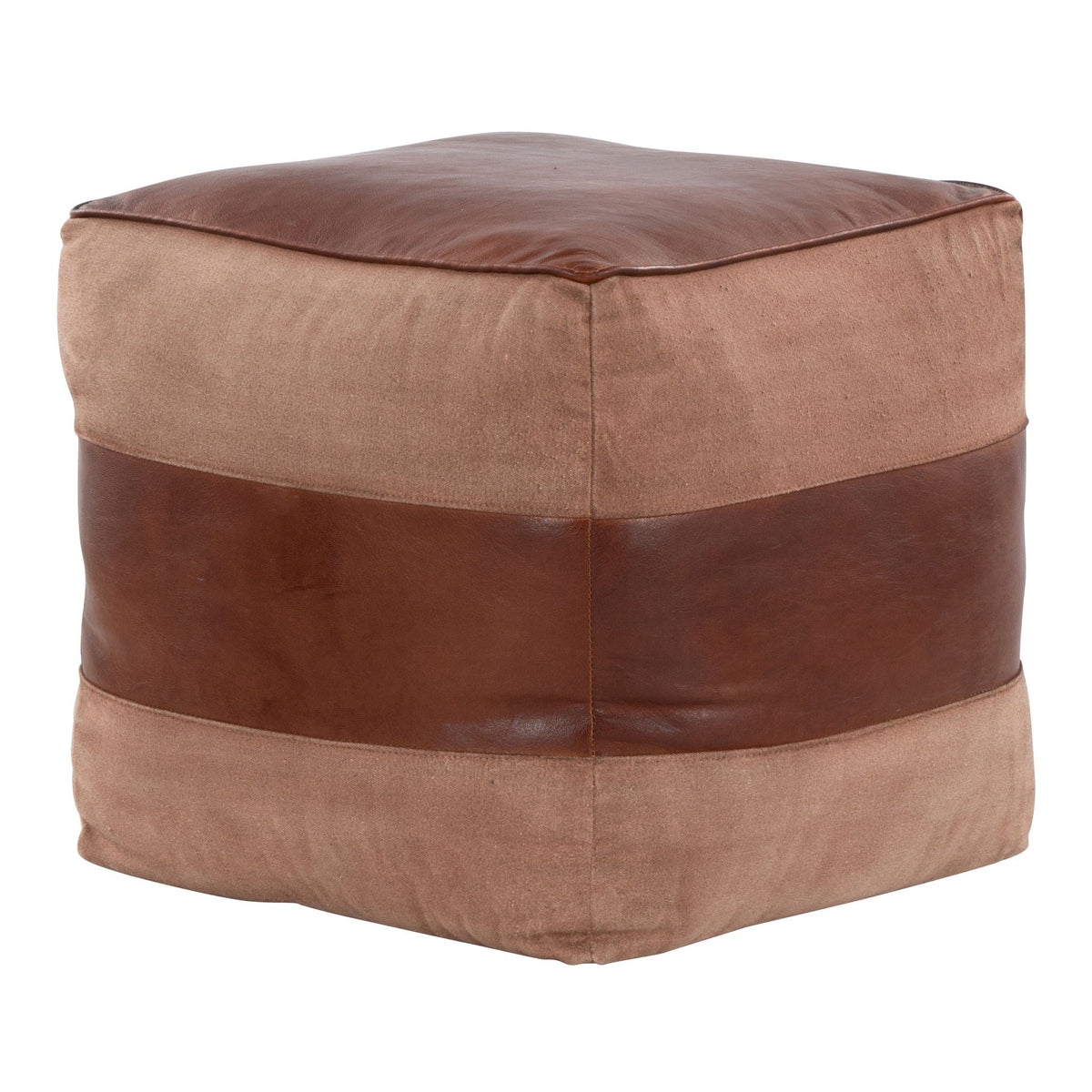 Industrial Pouf Ottoman two-tone brown leather top with tan fabric sides by HouseOfZazla on Tampa Home & Garden Store